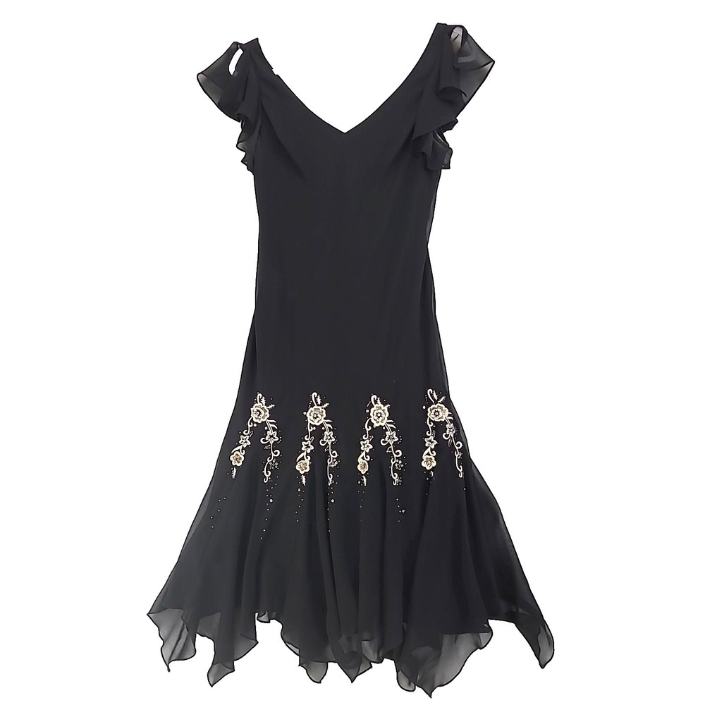 Expo Vintage Womens Sz 8 Black‎ Split Sleeve Floral Beaded Midi Dress Fairy Y2K